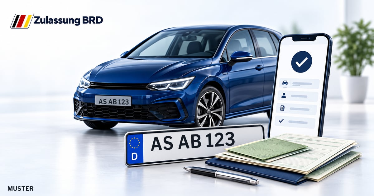Online Fahrzeugzulassung in Amberg i.d.Opf.: Musterkennzeichen AS AB 123, Auto und Fahrzeugpapiere und Smartphone. Illustration mit Logo von Zulassung BRD.